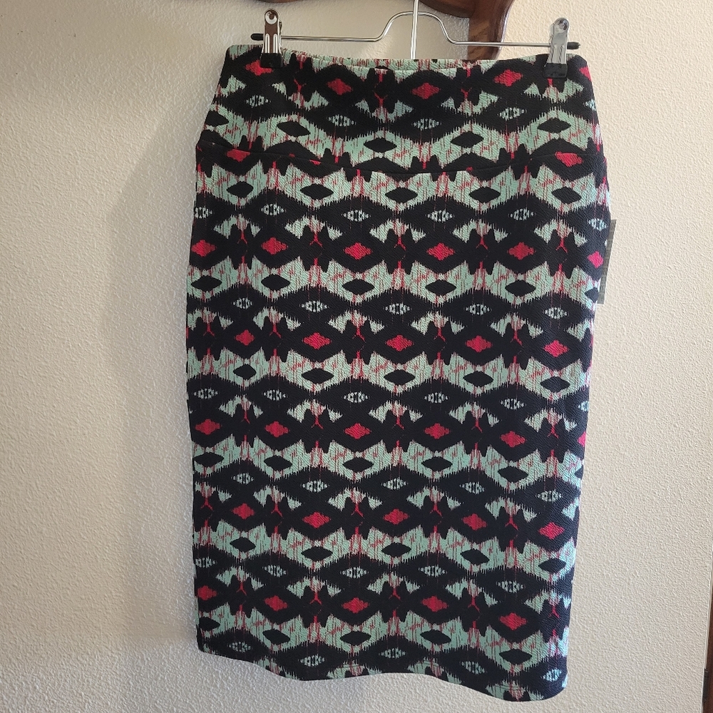 LuLaRoe Cassie Midi Skirt Womens Large Aqua Black Print Spring NWT